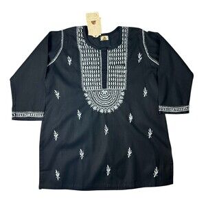 Ada Chikankari Hand Embroidered Black & Gray Tunic Top Size XL NWT Ethnic
